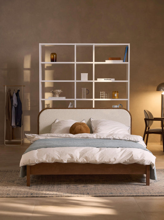 Jonas Wooden Bed with Bouclé Headboard