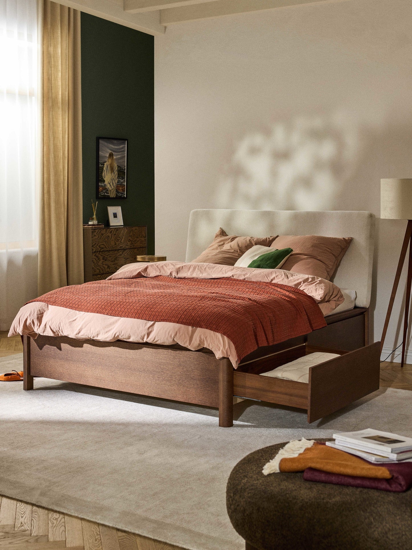 Santino Wooden Bed with Upholstered Headboard and Drawers