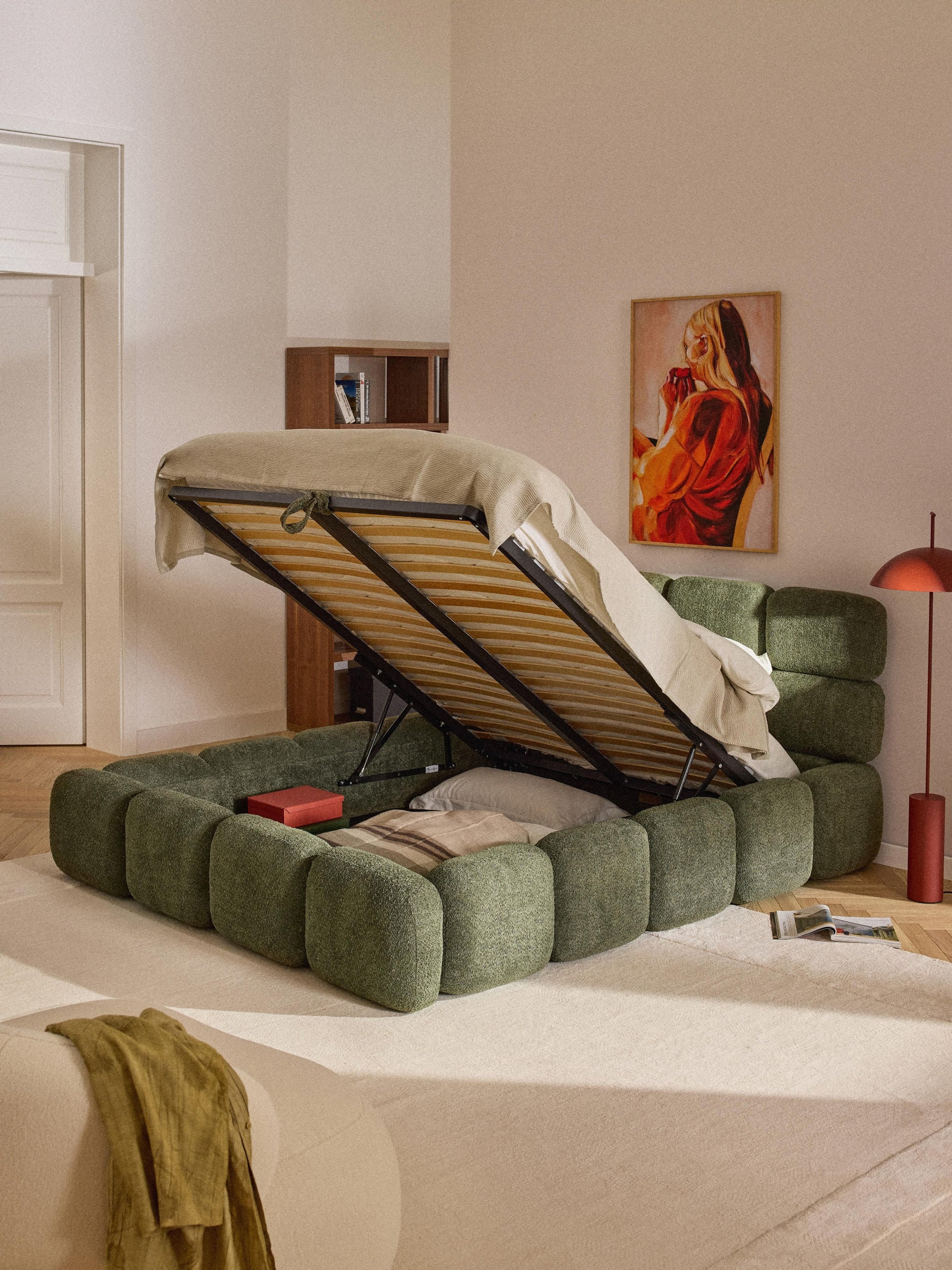 Taylin Upholstered Bed in Teddy Bouclé with Storage